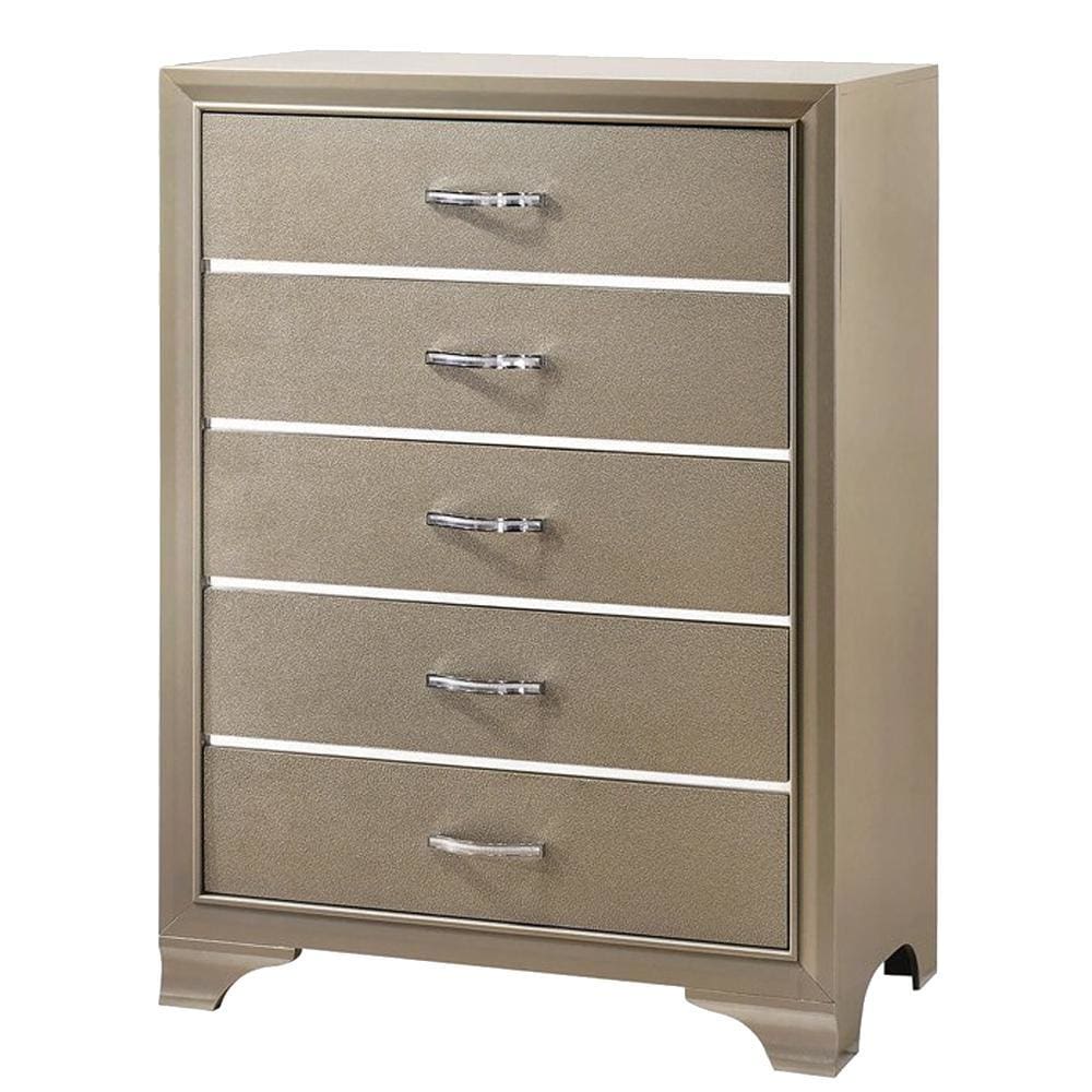 Five Drawer Wooden Chest with Polished Metallic Pulls, Champagne Gold by Casagear Home