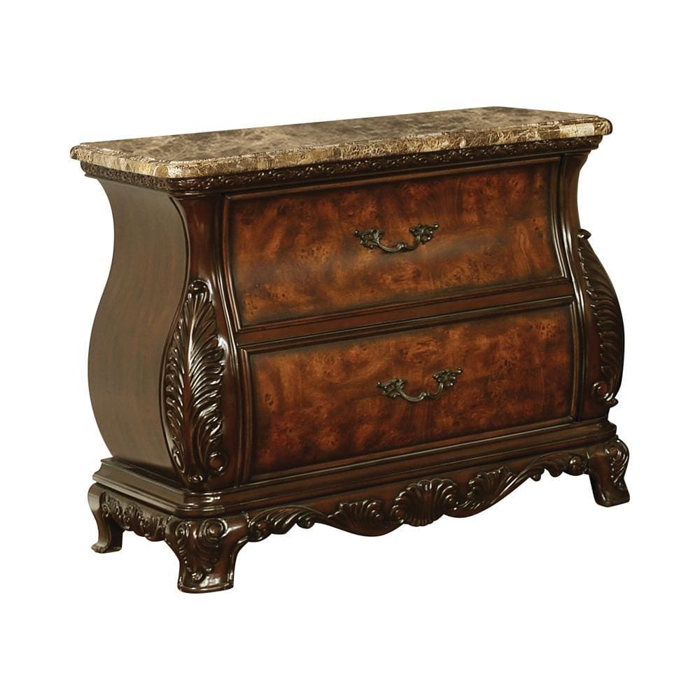 2 Drawer Marble Top Bombe Shaped Nightstand, Cherry Brown by Casagear Home