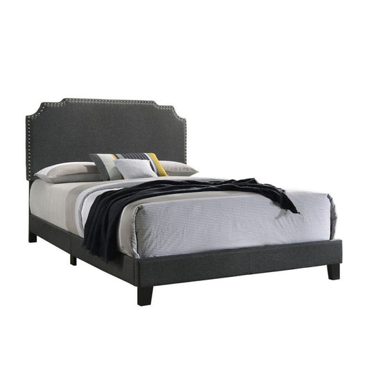 Upholstered Queen Bed with Nailhead Trim, Gray