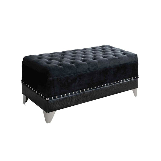 Faux Leather Storage Bench | Nailhead Trim | Button Tufted Seat | Black