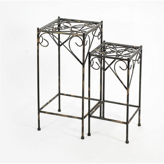 26, 21 Inch Square Metal Frame Plant Stand, Scrolled, Set of 2, Black By Casagear Home