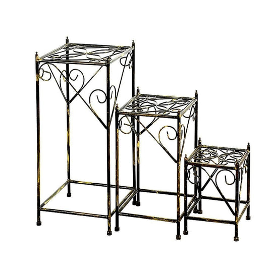 28, 21, 13 Inch Metal Framed Plant Stand, Scrolled, Set of 3, Black By Casagear Home