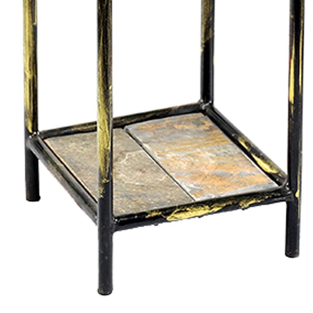 2 Tier Square Stone Top Plant Stand with Metal Frame Small Black and Gray By Casagear Home BM216732