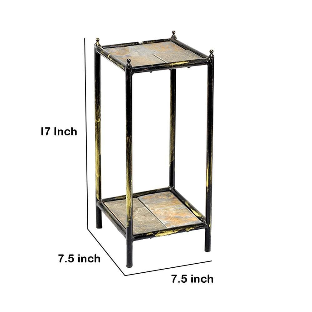 2 Tier Square Stone Top Plant Stand with Metal Frame Small Black and Gray By Casagear Home BM216732