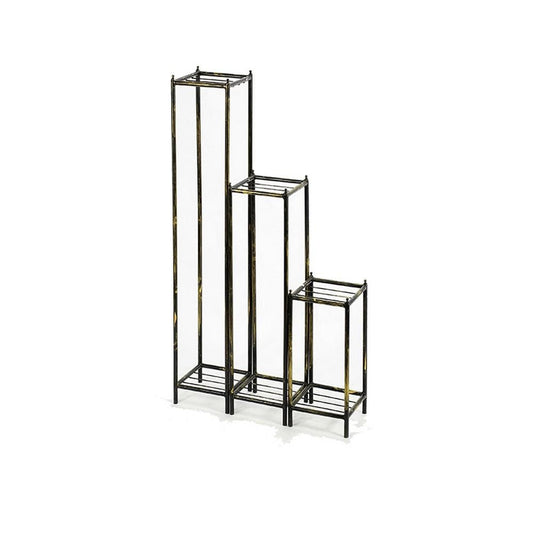 2 Tier Square Slatted Top Plant Stand, Set of 3, Black And Gold By Casagear Home