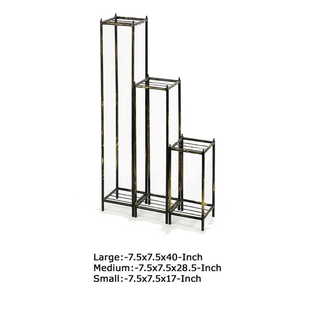 2 Tier Square Slatted Top Plant Stand Set of 3 Black And Gold By Casagear Home BM216735
