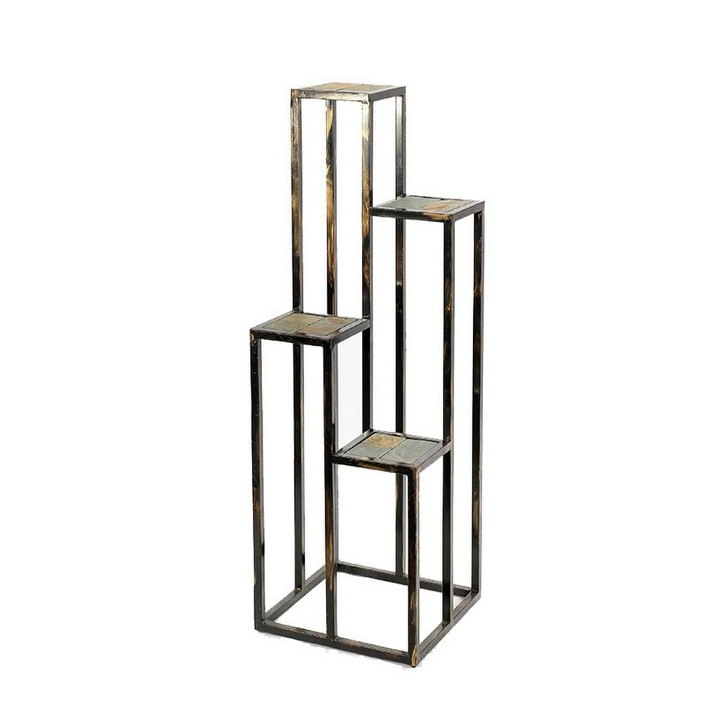 4 Tier Cast Iron Frame Plant Stand with Stone Topping, Black And Gold By Casagear Home