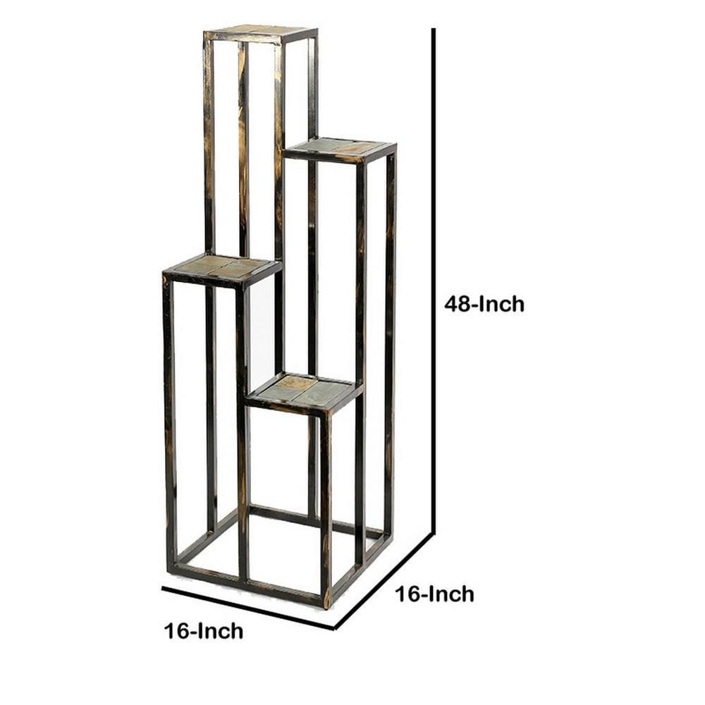 4 Tier Cast Iron Frame Plant Stand with Stone Topping Black And Gold By Casagear Home BM216737