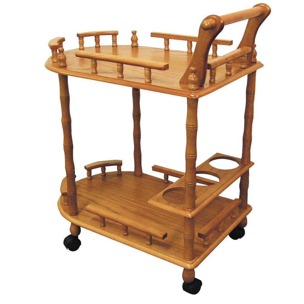 Wood Wine Table | 2 Tier | Turned Legs | Casters | Oak Brown