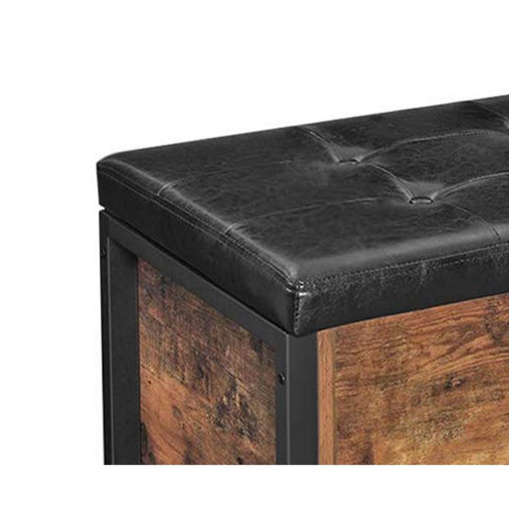 32 Inch Industrial Button Tufted Flip Top Storage Bench Vegan Faux Leather Black Rustic Brown By Casagear Home BM217098