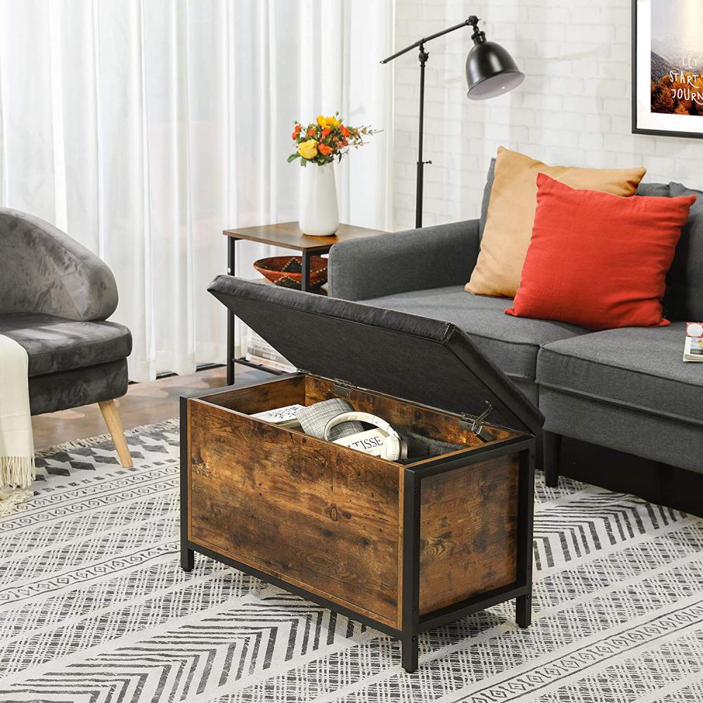 32 Inch Industrial Button Tufted Flip Top Storage Bench, Vegan Faux Leather, Black, Rustic Brown By Casagear Home