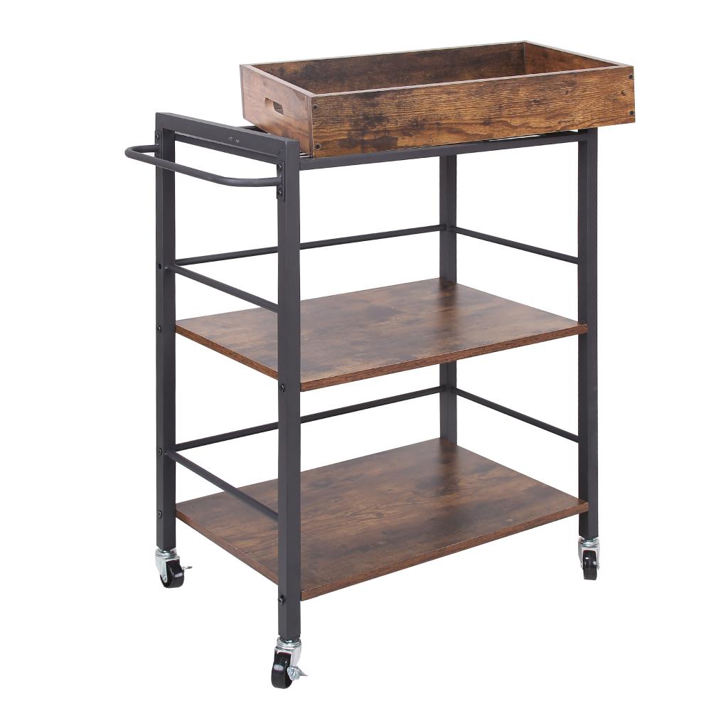 25 Tray Top Kitchen Cart with 2 Shelves and Casters Brown and Black By Casagear Home BM217112