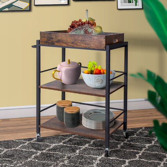 25" Tray Top Kitchen Cart with 2 Shelves and Casters Brown and Black By Casagear Home