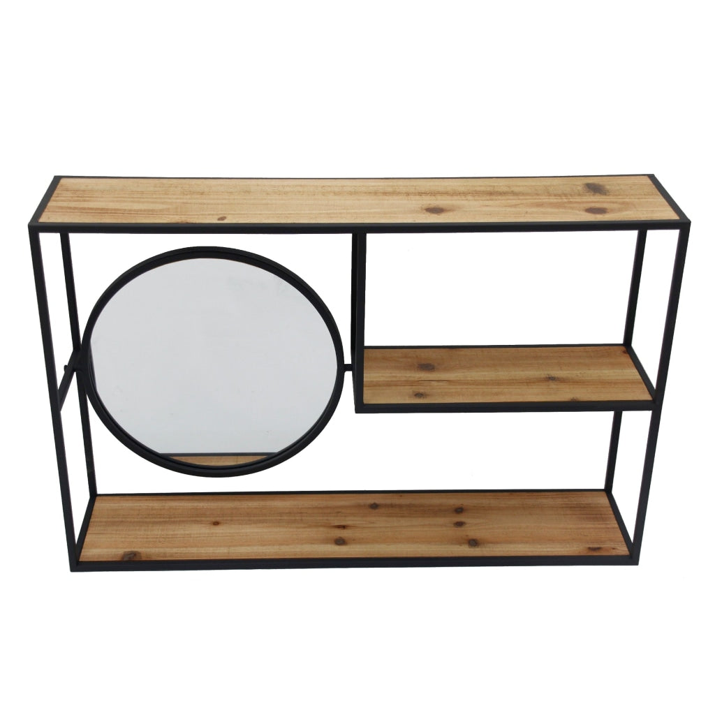 31 Inch Metal Wall Storage, 3 Wood Shelves, Round Mirror, Brown and Black By Casagear Home