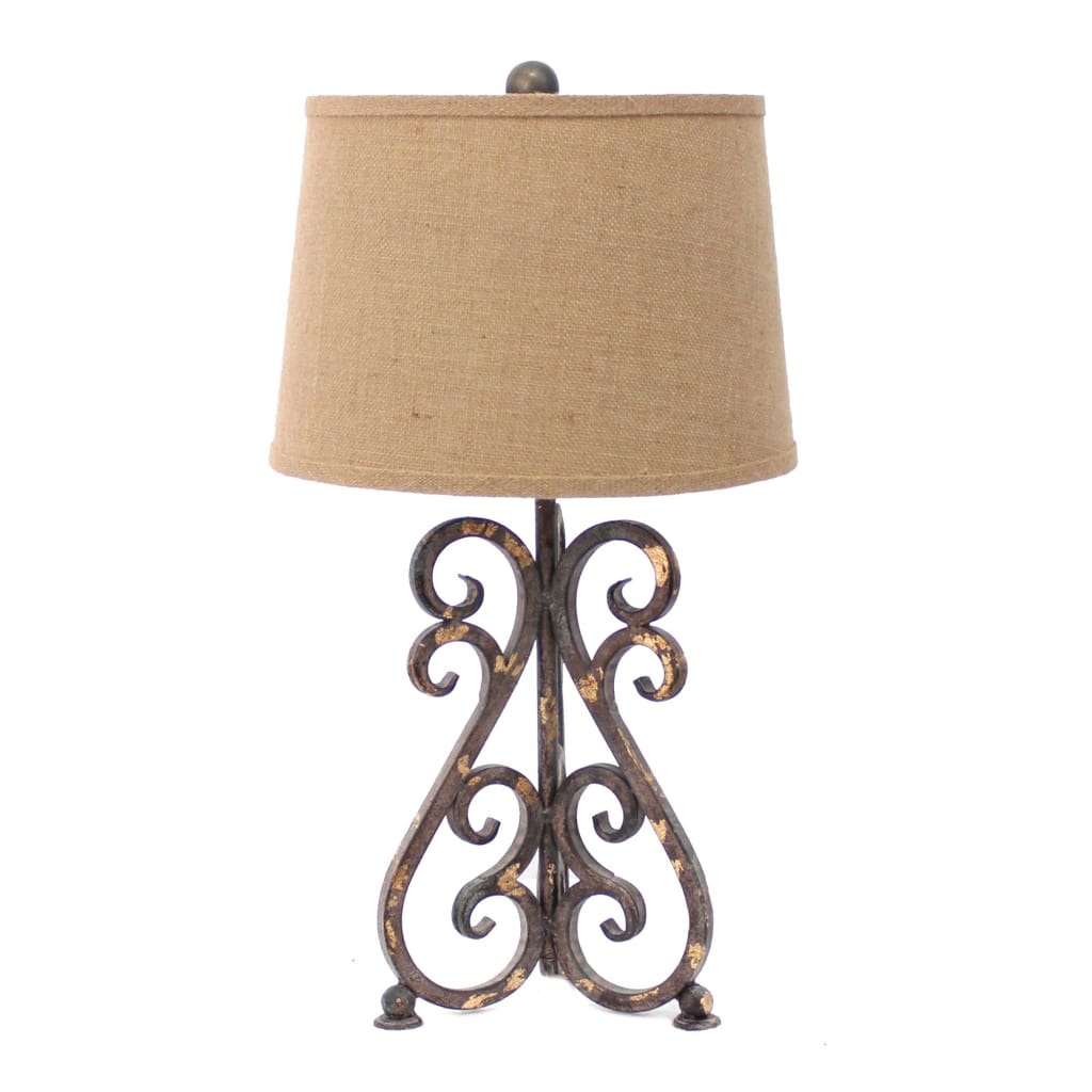 Metal Table Lamp | Scroll Design Base | 2 Way Switch | Bronze & Beige