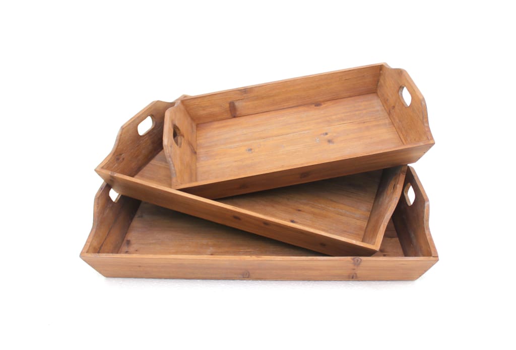 3 Piece Serving Tray Set With Cut Out Handles, Brown By Casagear Home