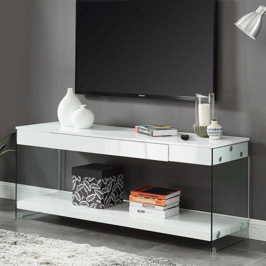 Contemporary Style Plastic TV Stand with Glass Side Panels, White By Casagear Home