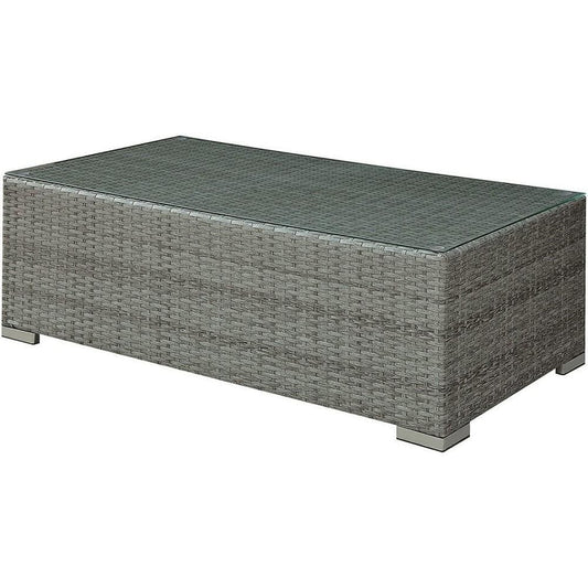 Woven Wicker Rectangular Coffee Table with Tempered Glass Tabletop, Gray By Casagear Home