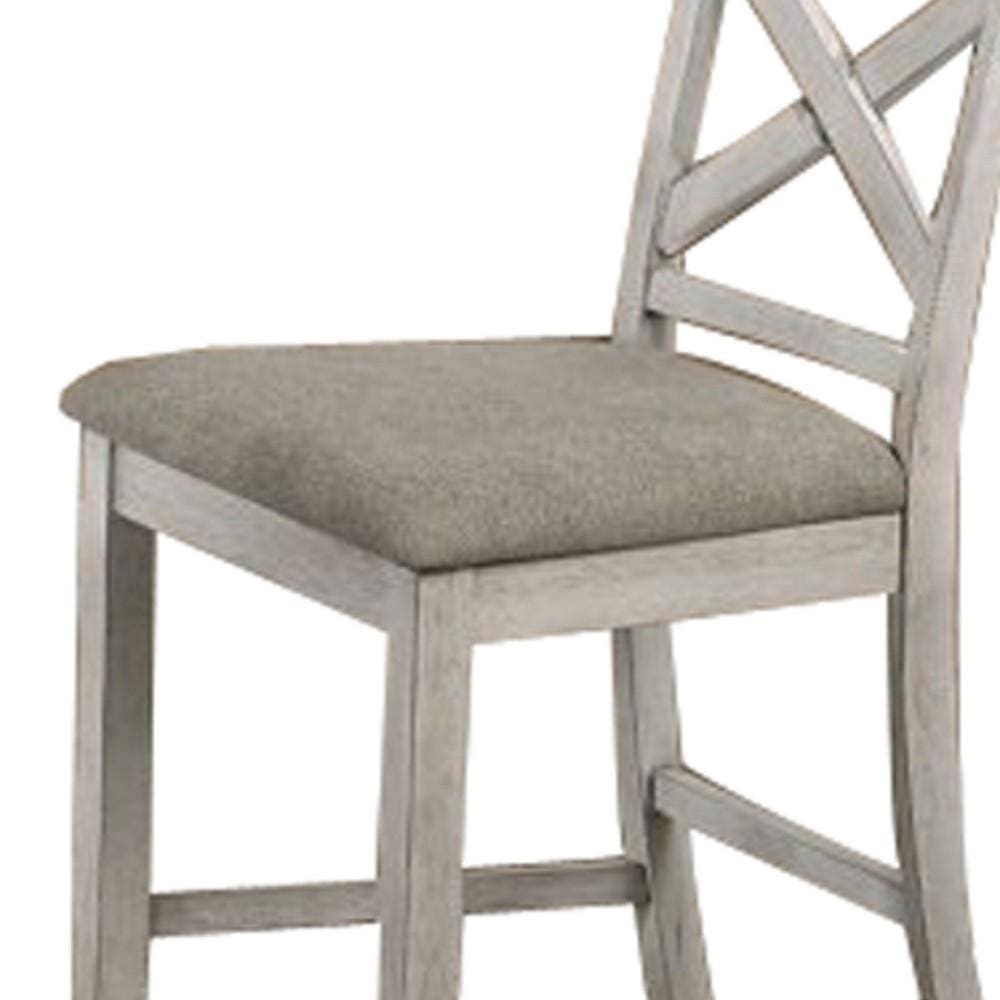 Wooden Counter Chair with X Shaped Backrest with Padded Seat,White and Gray By Casagear Home BM218104