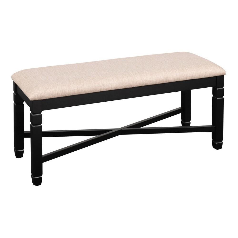 Fabric Dining Bench with Turned Legs and X Shaped Support, Beige and Black By Casagear Home