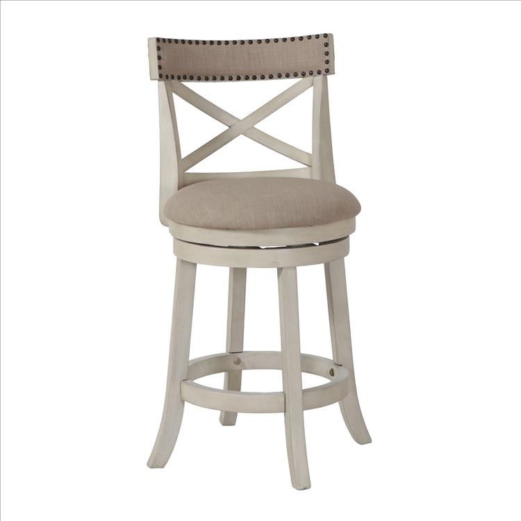 Curved X Shaped Back Swivel Counter Stool with Fabric Padded Seating, Antique White By Casagear Home