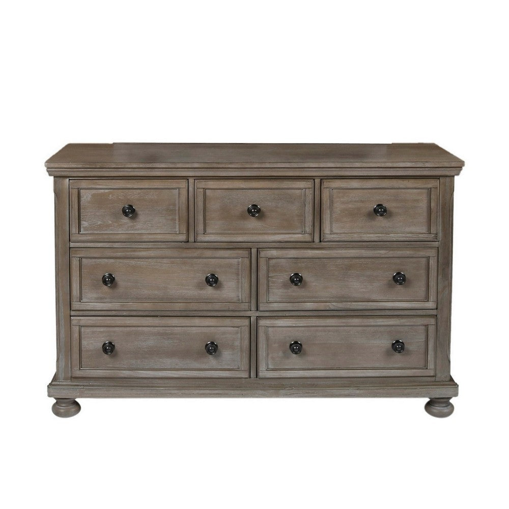 7 Drawer Wooden Dresser with Metal Pulls and Bun Feet, Distressed Brown By Casagear Home