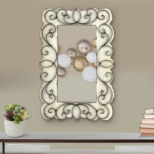 Rectangular Wall Mirror | Wood Frame | Metal Scrolled Edges | White