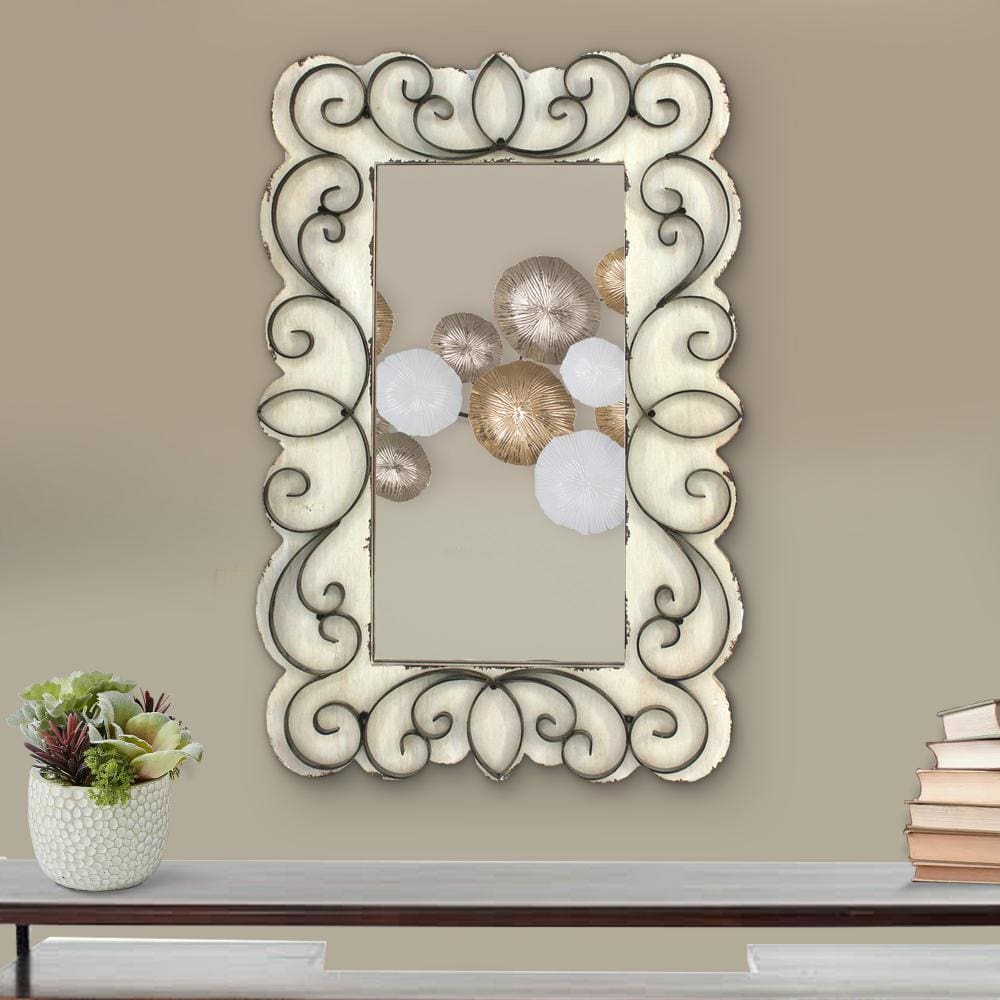Rectangular Wall Mirror | Wood Frame | Metal Scrolled Edges | White