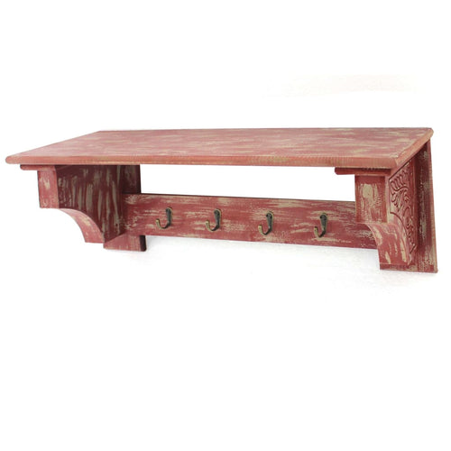 Wood Wall Shelf | 4 Hooks | Carved Side Frames | Distressed Red