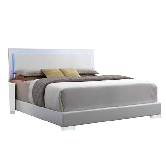 Leatherette Eastern King Bed with LED Panel Headboard and Chrome Legs,White By Casagear Home