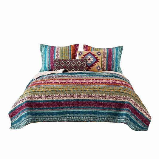 Tribal Print King Quilt Set with Decorative Pillows, Multicolor By Casagear Home