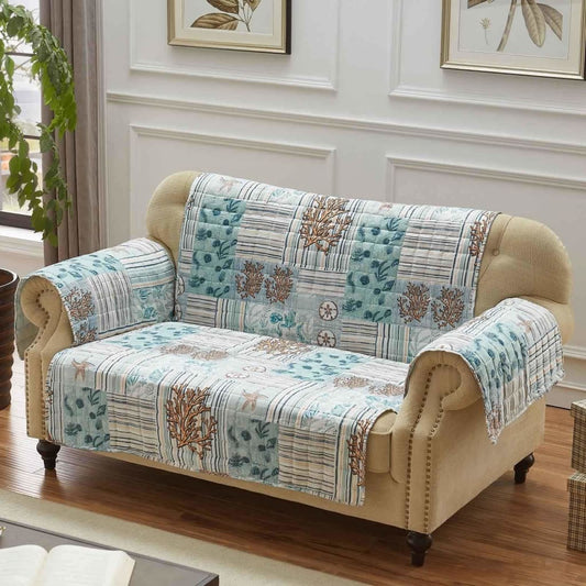 Reversible Sea Life Print Loveseat Protector with Elastic Strap, Blue By Casagear Home