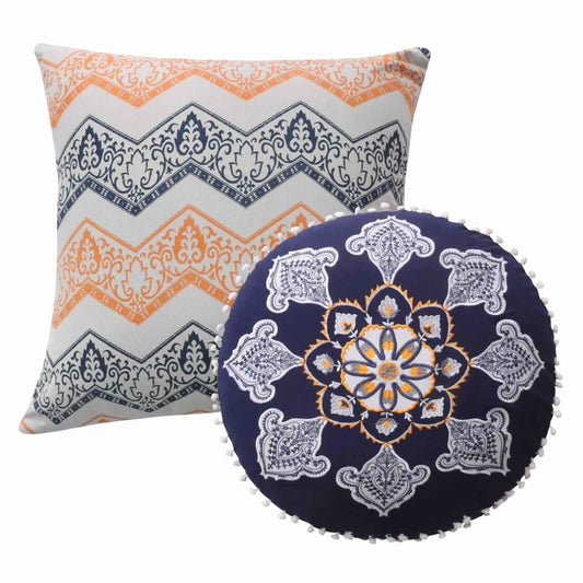 2 Piece Decorative Accent Throw Pillow Set, Embroidery, Cotton, Saffron Orange, Blue By Casagear Home