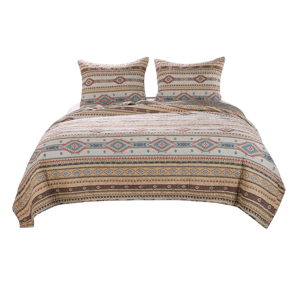 Full Size 3 Piece Polyester Quilt Set with Kilim Pattern, Multicolor By Casagear Home