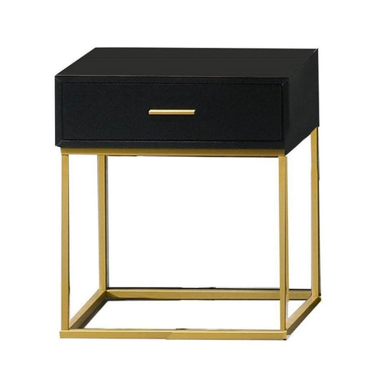 1 Drawer Wooden Nightstand with Metal Legs, Black and Gold By Casagear Home