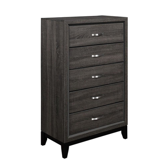 Wood Tall Dresser Chest | 5 Drawer | Grain Details | Chamfered Feet | Gray