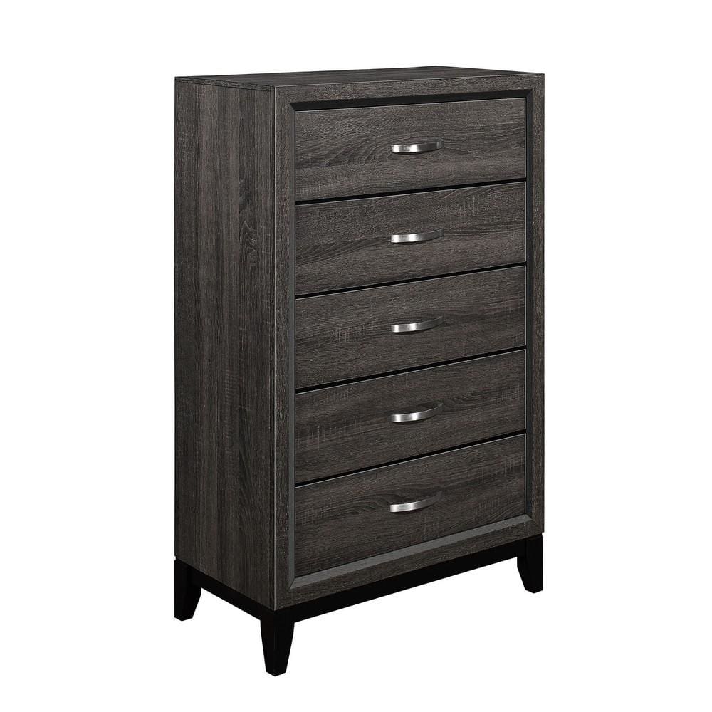 Wood Tall Dresser Chest | 5 Drawer | Grain Details | Chamfered Feet | Gray