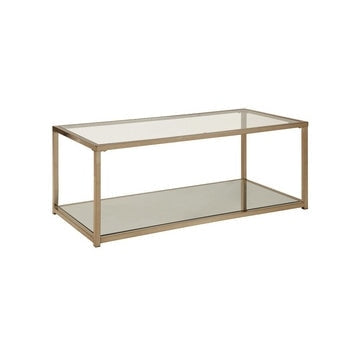 Glass Top Coffee Table with Metal Frame and Open Shelf, Brass By Casagear Home
