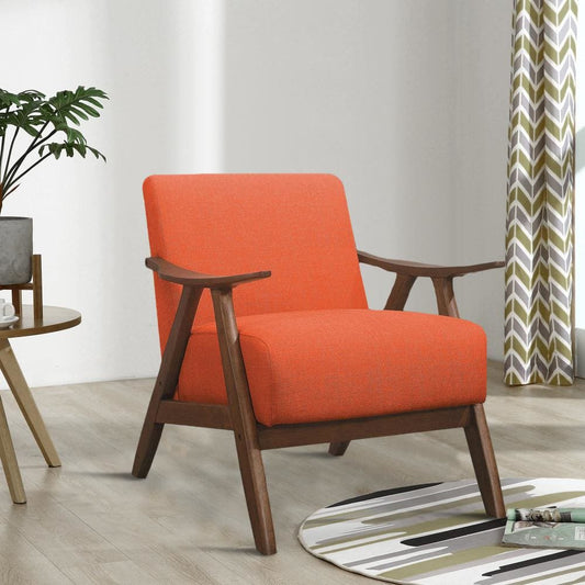 Wooden Accent Chair with Fabric Cushioned Seating, Orange By Casagear Home