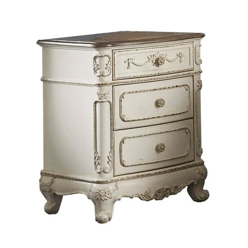 Nightstand | 3 Drawer | Floral Motif Carving Details | Antique White & Brown