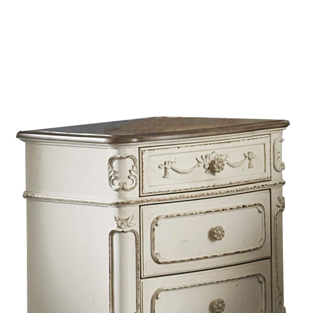 29 Floral Motif Carved 3-Drawer Nightstand White & Brown By Casagear Home BM219789