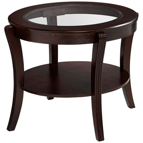 End Table | Oval Top Wood | Glass Insert | Open Shelf | Espresso Brown