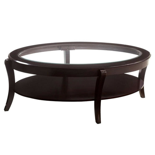Cocktail Table | Oval Wood | Glass Insert | Open Shelf | Espresso Brown