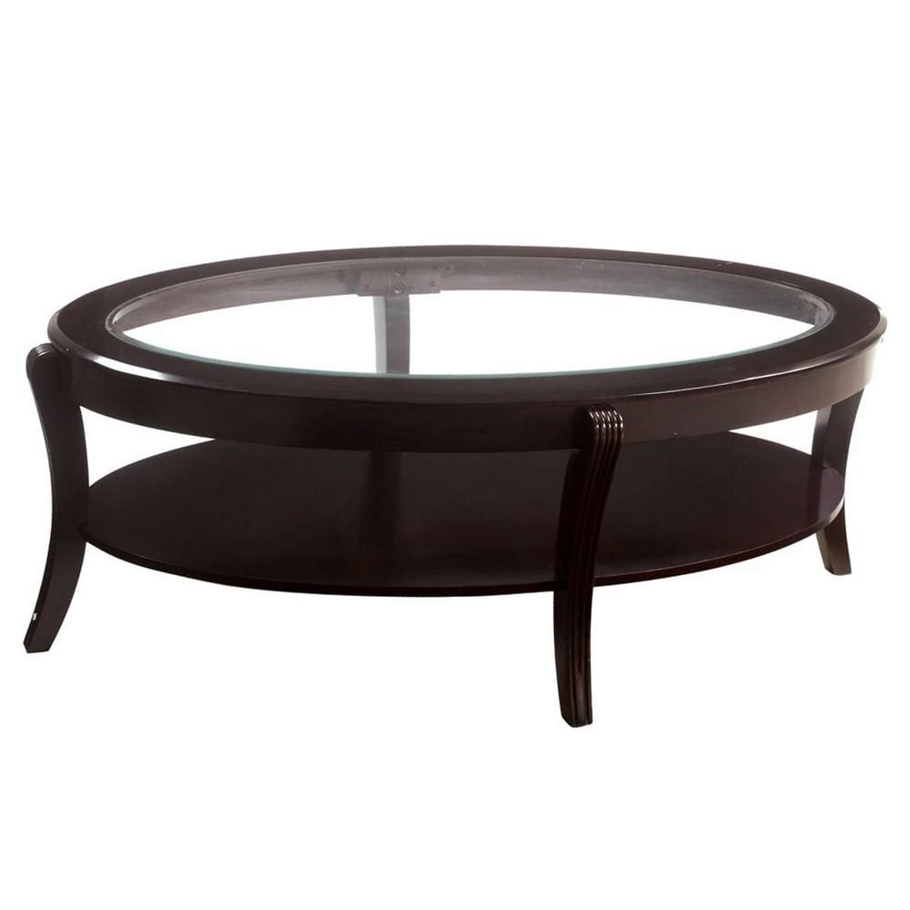 18" Oval Wooden Cocktail Table with Glass Insert, Espresso By Casagear Home