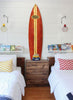 Wooden Surfboard Shaped Wall Art with Mounting Hardware, Brown and Red