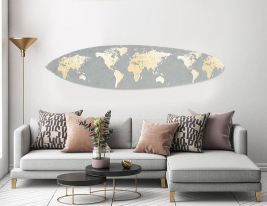 Wooden Surfboard Wall Art with World Map Print, Gray and White