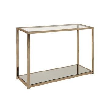 47 Inch Sofa Table with Metal Frame and Open Shelf, Brass and Clear By Casagear Home