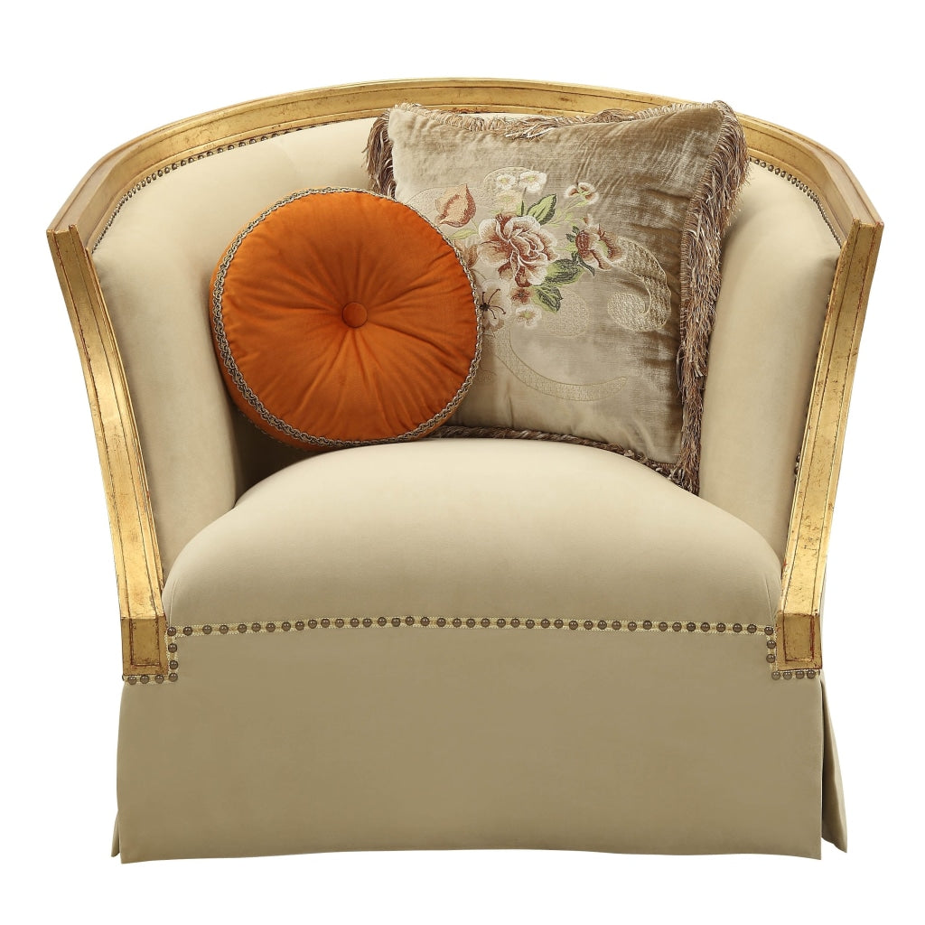 41 Inch Modern Fabric Curved Accent Chair 2 Accent Pillows Gold Beige By Casagear Home BM220348