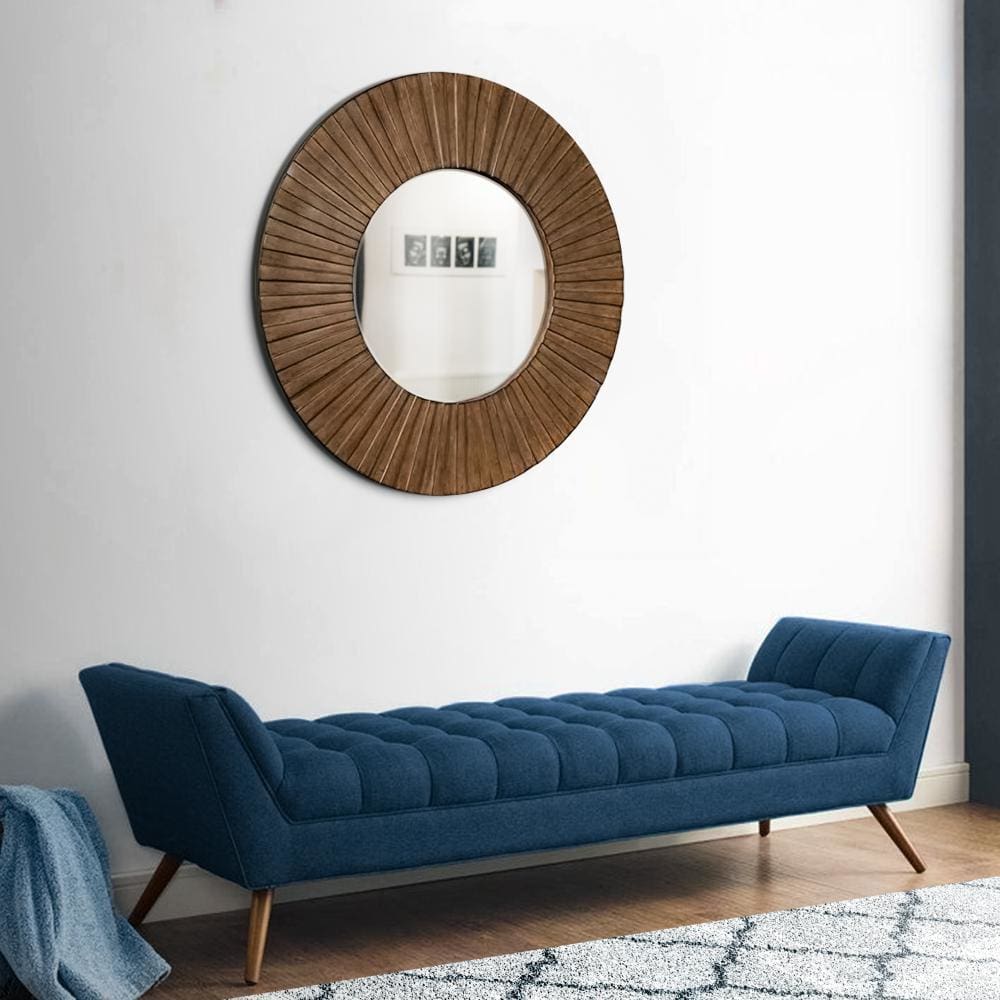 35" Round Mirror with Sunburst Design Wooden Frame, Brown By Casagear Home