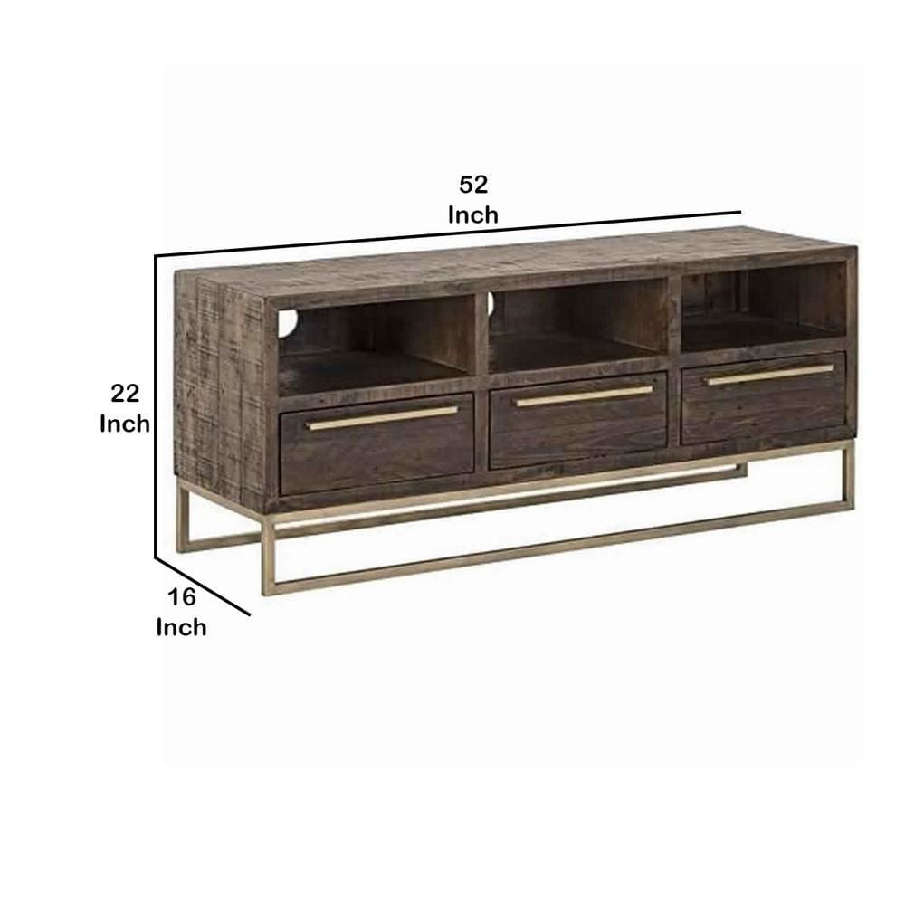 52 3-Drawer TV Console with Sled Metal Base Brown & Gold By Casagear Home BM220533